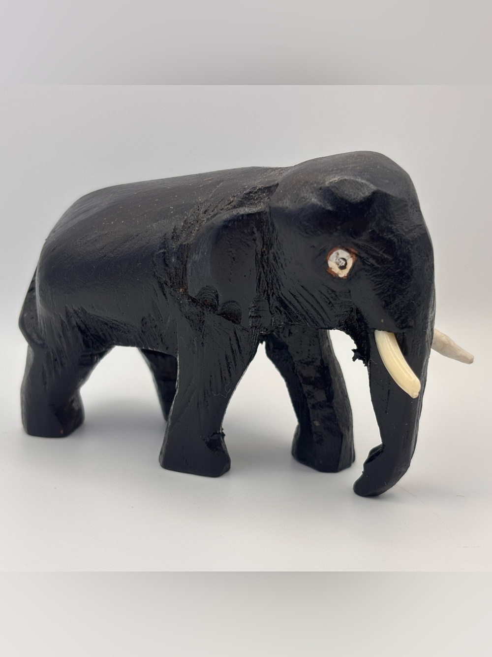 Vintage Hand-Carved Ebony Wood Elephant Figurine for Display, Animal Trinket